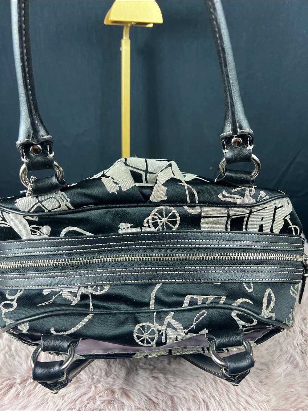 Coach Horse & Carriage Jacquard Satchel Black Leather Handbag F14481 EUC